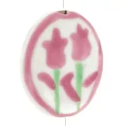 Perla ovale piatta 20x16 mm motivo fiore - Ceramica - Rosa antico - Bianco x1