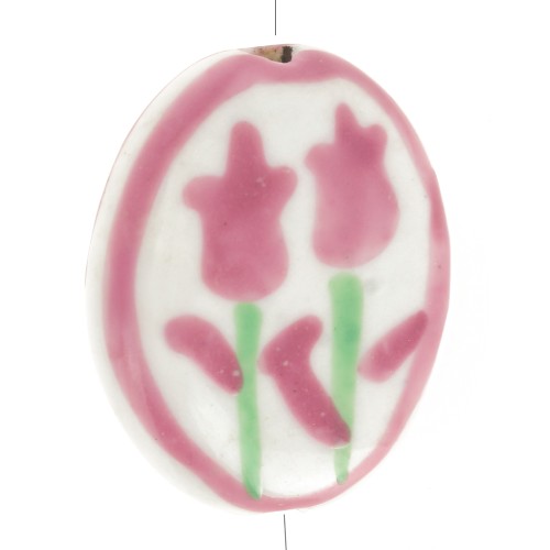 Perla ovale piatta 20x16 mm motivo fiore - Ceramica - Rosa antico - Bianco x1