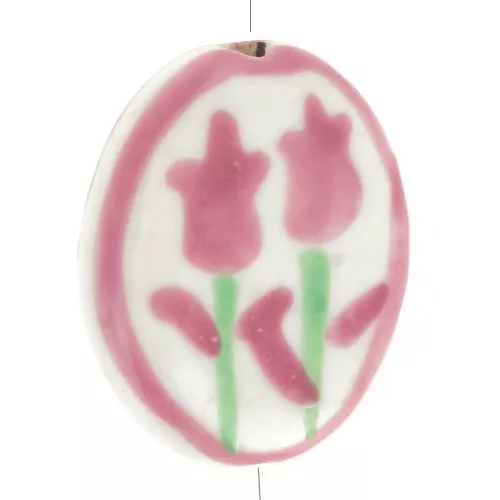 Perla ovale piatta 20x16 mm motivo fiore - Ceramica - Rosa antico - Bianco x1