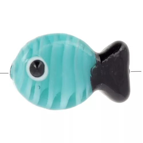 Perla di vetro a forma di pesce 20x13 mm - Blu turchese - Nero x1