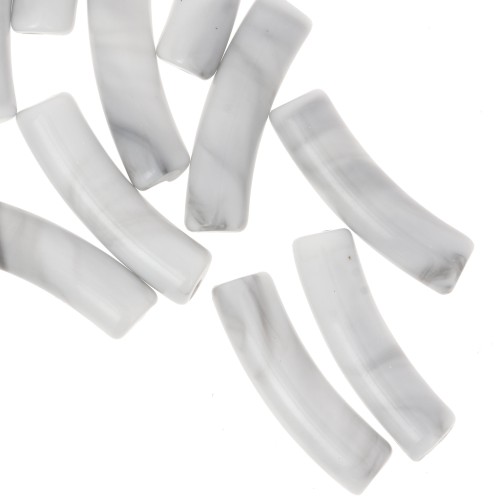 Perline tubolari curve 19x5 mm in acrilico opaco - Bianco marmorizzato - Grigio x10