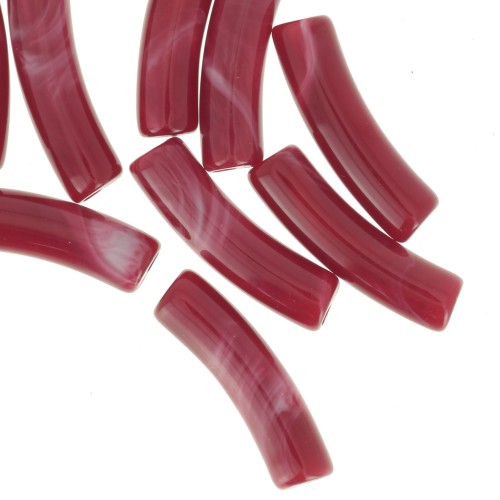 Perline tubolari curve 19x5 mm in acrilico opaco - Rosso marmorizzato x10