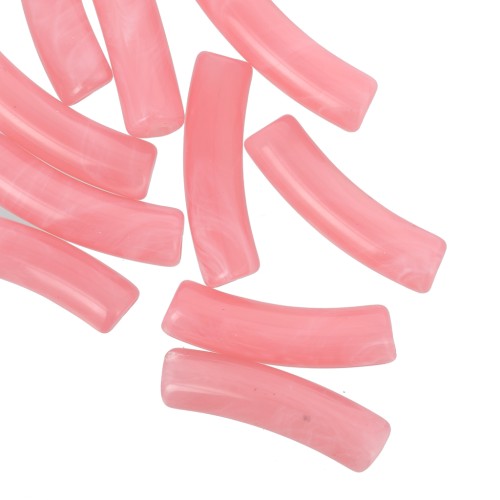 Perline tubolari curve 19x5 mm in acrilico traslucido - Rosa corallo marmorizzato x10