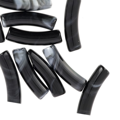 Perline tubolari curve 19x5 mm in acrilico opaco - Nero marmorizzato x10