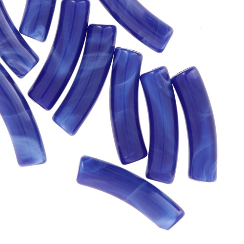 Perline tubolari curve in acrilico opaco 19x5 mm - blu reale marmorizzato x10