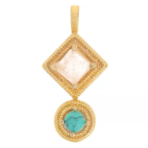 Pendente etnico 21x10mm - Dorato con oro fino - Quarzo rosa - Imitazione di turchese