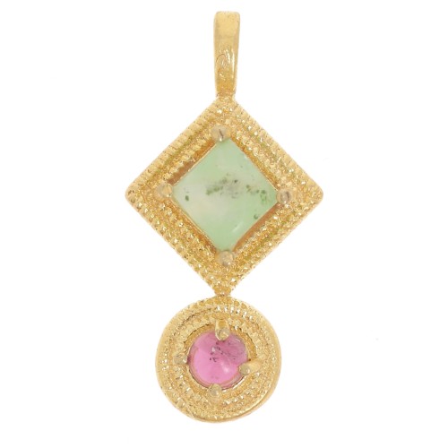 Pendente etnico 21x10 mm - Dorato con oro fino - Crisoprasio - Granato x1