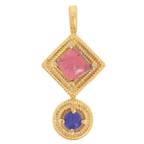 Pendente etnico 21x10 mm - Dorato con oro fino - Granato - Lapislazzuli x1