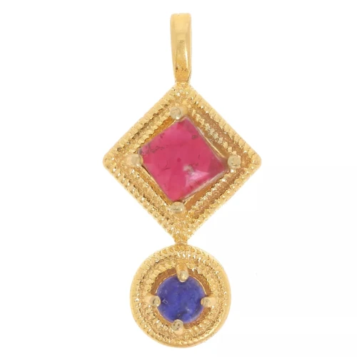 Pendente etnico 21x10 mm - Dorato con oro fino - Granato - Lapislazzuli x1
