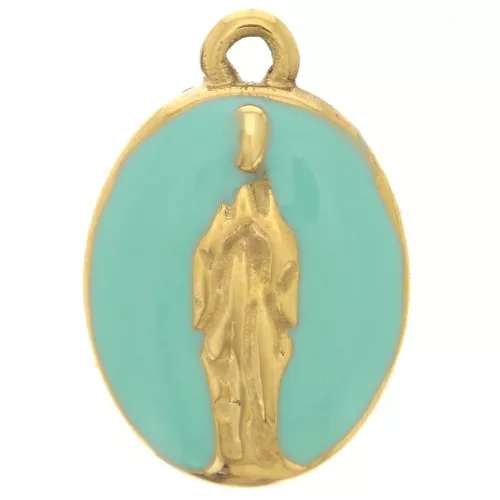 Ciondolo ovale 15x10mm con motivo religioso in acciaio inossidabile 304L Dorato - Turchese x1