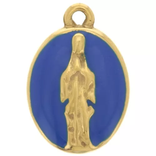 Ciondolo ovale 15x10mm motivo religioso in acciaio inox 304L Dorato - Blu x1