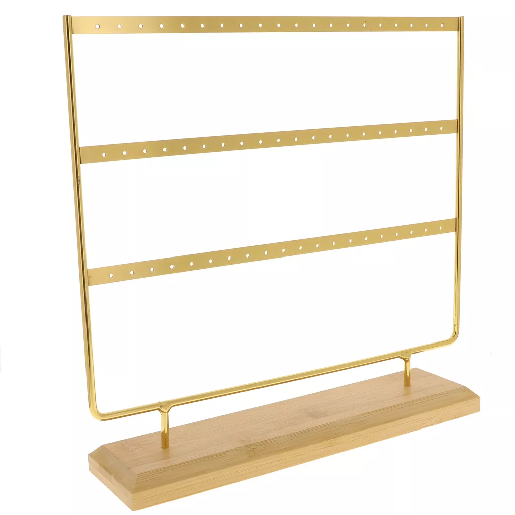 Espositore Per Gioielli In Legno Con Barra A T Metallo Dorato - 3 Pezzi Di Diverse Altezze - Base Quadrata In Legno