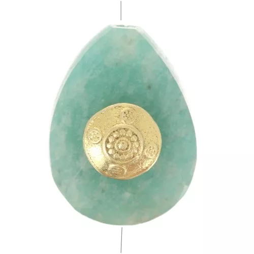 Perla a forma di goccia etnica 14x10 mm - Amazzonite - Dorato con oro fino x1