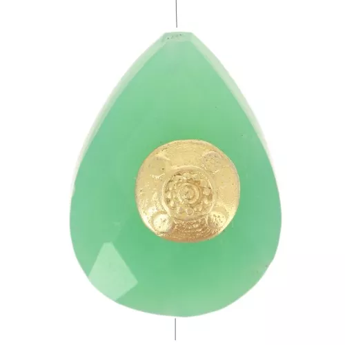 Perla a forma di goccia etnica 14x10 mm - Crisoprasio - Dorato con oro fino x1