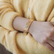 Bracciale regolabile con perline martellate 15x170 mm cabochon di amazzonite - Acciaio inossidabile 304L dorato