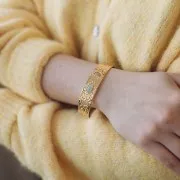 Bracciale regolabile con perline martellate 15x170 mm cabochon di amazzonite - Acciaio inossidabile 304L dorato