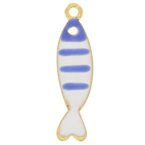 Ciondolo a forma di pesce a strisce 26,5x7 mm con resina epossidica - Dorato - Blu - Bianco x1