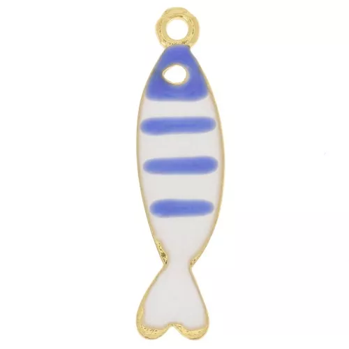 Ciondolo a forma di pesce a strisce 26,5x7 mm con resina epossidica - Dorato - Blu - Bianco x1