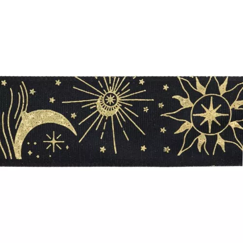 Nastro in poliestere da 25 mm - motivo astrale - Nero - Dorato x1m