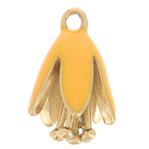 Ciondolo fiore in resina epossidica 12x8 mm - Acciaio inossidabile 304L Dorato - Arancione x1