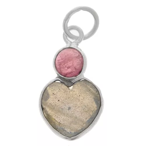 Pendente a cuore 9x9 mm in labradorite e cabochon 4 mm in quarzo fragola - Argento 925