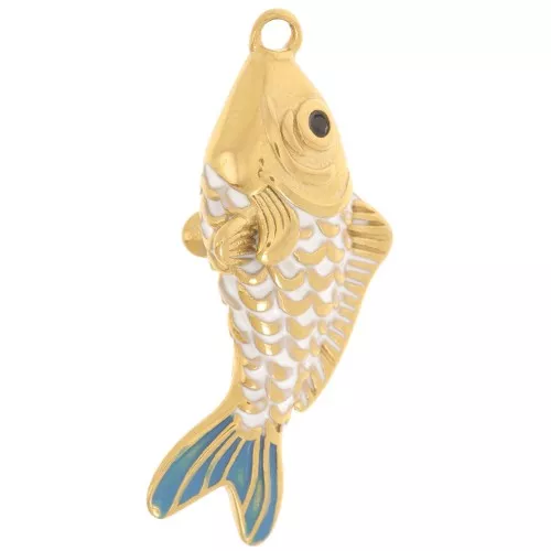 Pendente a forma di pesce 32x13 mm in resina epossidica - acciaio inossidabile 304L Dorato - Bianco - Blu x1