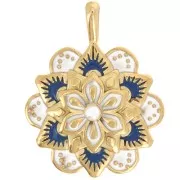 Pendente mandala fiore 24 mm in resina 304L acciaio inossidabile Dorato - Blu x1