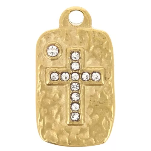 Ciondolo a rettangolo martellato 17x9 mm con motivo a croce - Acciaio inossidabile 304L Dorato x1