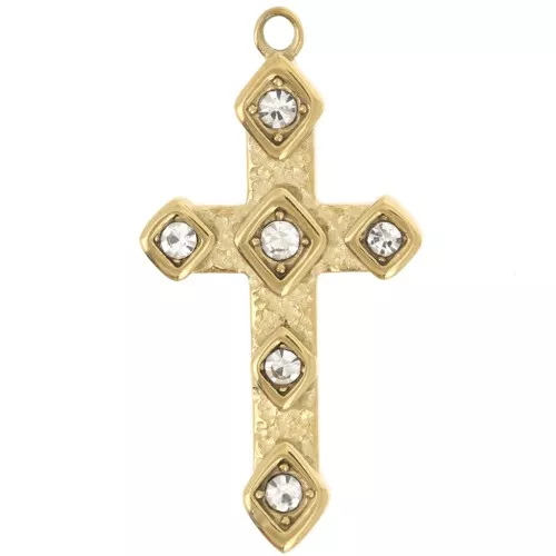 Pendente a croce 33x17 mm con strass - Acciaio inossidabile 304L Dorato x1