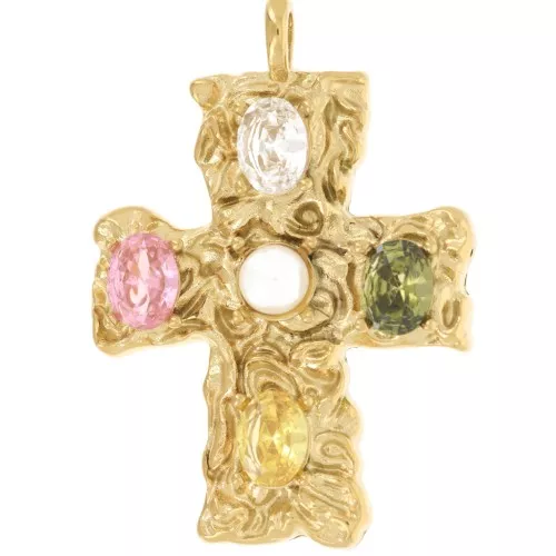 Pendente a croce 47x32,5 mm con ossidi di zirconio - Acciaio inossidabile 304L Dorato x1
