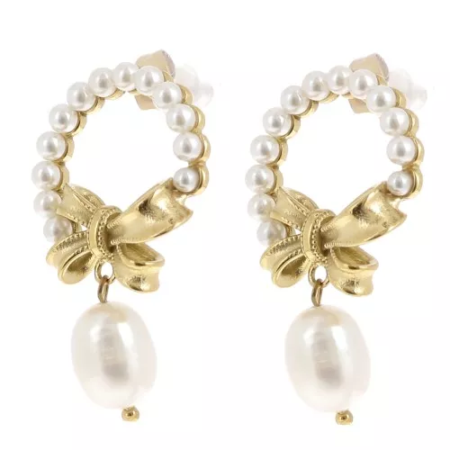 Orecchini a cerchio con nodo 35x20 mm Perla d'acqua dolce Acciaio inossidabile 304L Dorato x2