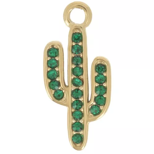 Ciondolo cactus 17x7,5 mm con strass - Acciaio inossidabile 304L Dorato - Verde x1