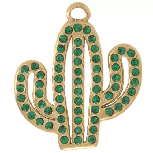 Ciondolo a forma di cactus 21x18,5 mm con strass - Acciaio inossidabile 304L Dorato - Verde x1