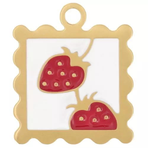 Ciondolo mini cornice 19x16 mm - motivo fragola - resina epossidica - acciaio inossidabile 304L Dorato