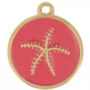 Breloque ronde étoile de mer 14 mm résine époxy - Acier inox 304L Doré - Rouge x1