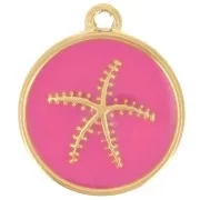 Breloque ronde étoile de mer 14 mm résine époxy - Acier inox 304L Doré - Rose x1
