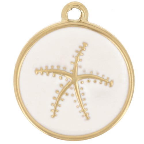 Ciondolo stella marina rotondo 14 mm in resina epossidica - Acciaio inossidabile 304L Dorato - Bianco x1