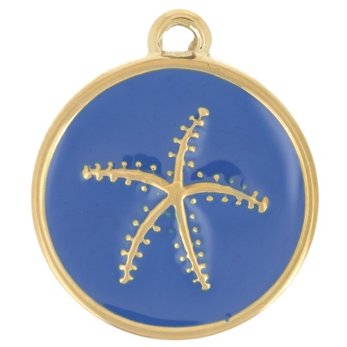 Ciondolo rotondo a forma di stella marina 14 mm in resina epossidica - Acciaio inossidabile 304L Dorato - Blu reale
