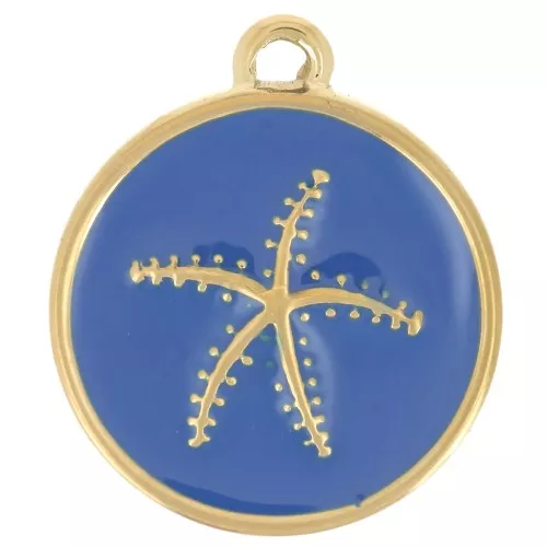 Ciondolo rotondo a forma di stella marina 14 mm in resina epossidica - Acciaio inossidabile 304L Dorato - Blu reale