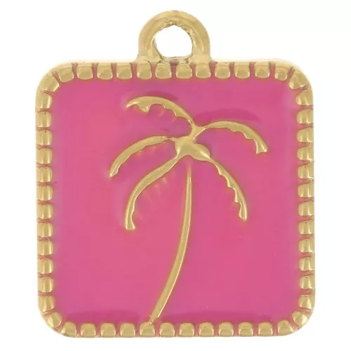 Ciondolo quadrato a forma di palma 14x12 mm in resina epossidica - Acciaio inossidabile 304L Dorato - Rosa