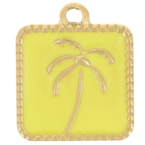 Ciondolo quadrato a forma di palma 14x12 mm in resina epossidica - Acciaio inossidabile 304L Dorato - Giallo