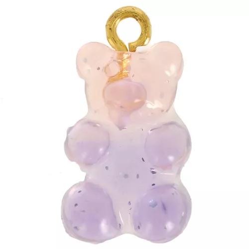 Ciondolo orsetto in acrilico trasparente bicolore 20x11 mm - Rosa - Brillantini viola