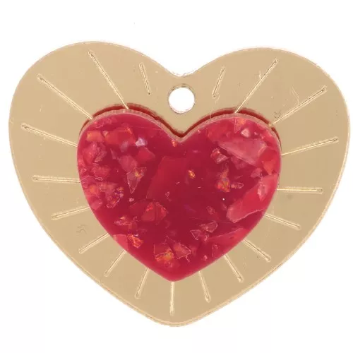 Pendente a cuore in rilievo in plexiglas 25x29 mm - Dorato - Brillantini rossi x1
