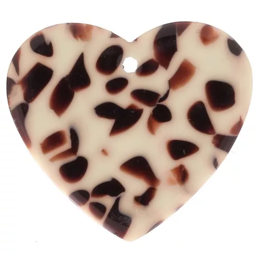 Pendente a cuore in acetato 21x18 mm - Marrone screziato - Crema x1