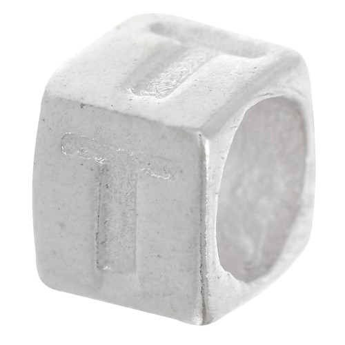 Perla cubo alfabeto 5x4 mm con foro grande - T - Argento 925 x1