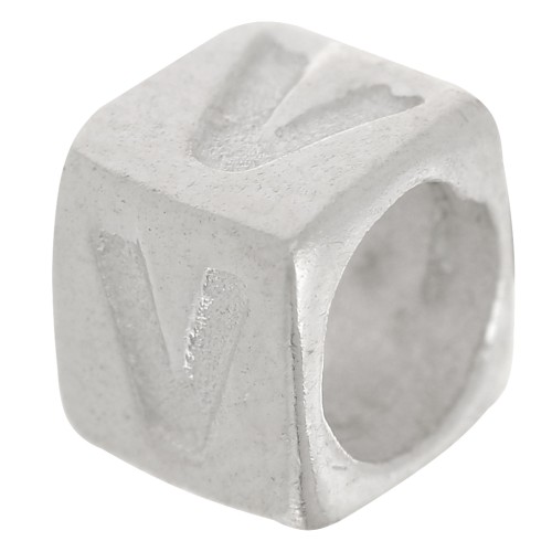 Perla cubo alfabeto 5x4 mm con foro grande - V - Argento 925 x1