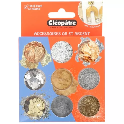 Assortimento di 9 vasi di accessori Cleopatra per resina - Oro - Argento