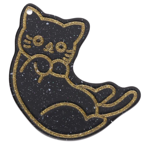 Gatto 39x36 pendente in acetato - Brillantini neri - Dorato x1