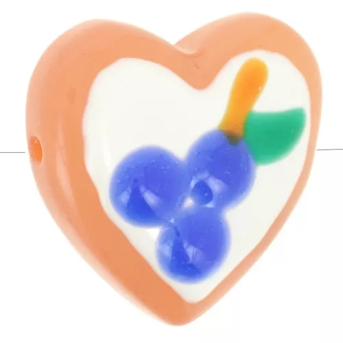 Perla di vetro a cuore da 24 mm - Motivo mirtillo - Bianco - Blu x1