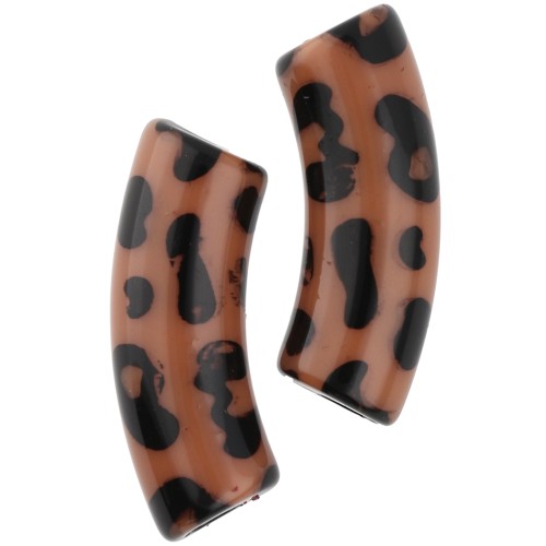 Perline tubolari curve 35x11 mm in acrilico opaco - Stampa leopardo - Marrone - Nero x4